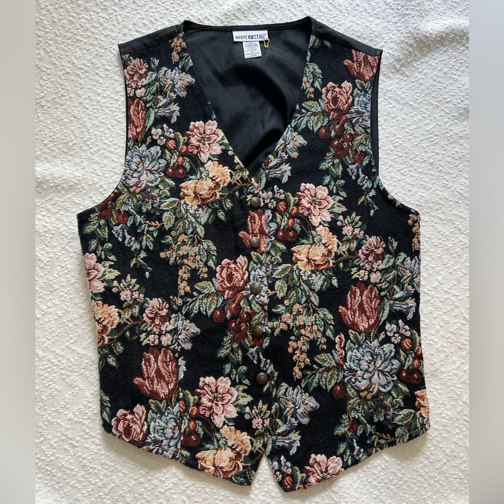 Vintage White Stag Tapestry Vest Womens Large Floral Cottagecore Waistcoat 90s
